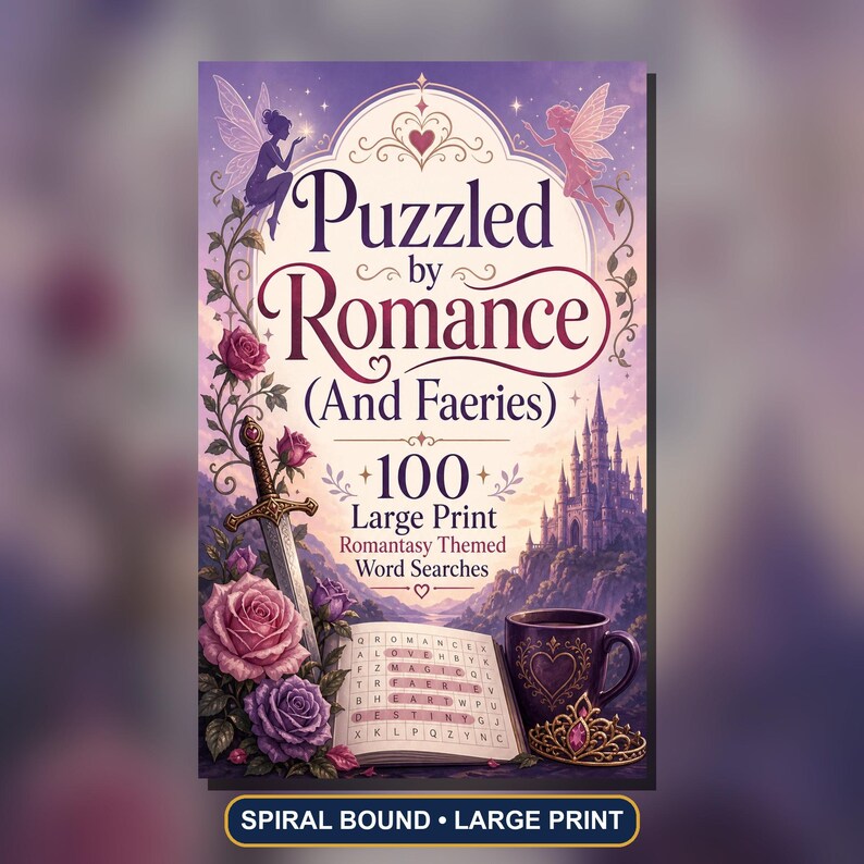 May include: A book cover titled Puzzled by Romance (And Faeries) featuring 100 Large Print Romantasy Themed Word Searches. The illustration includes two fairies, a sword, pink and purple roses, a castle, a word search grid, and a mug.
