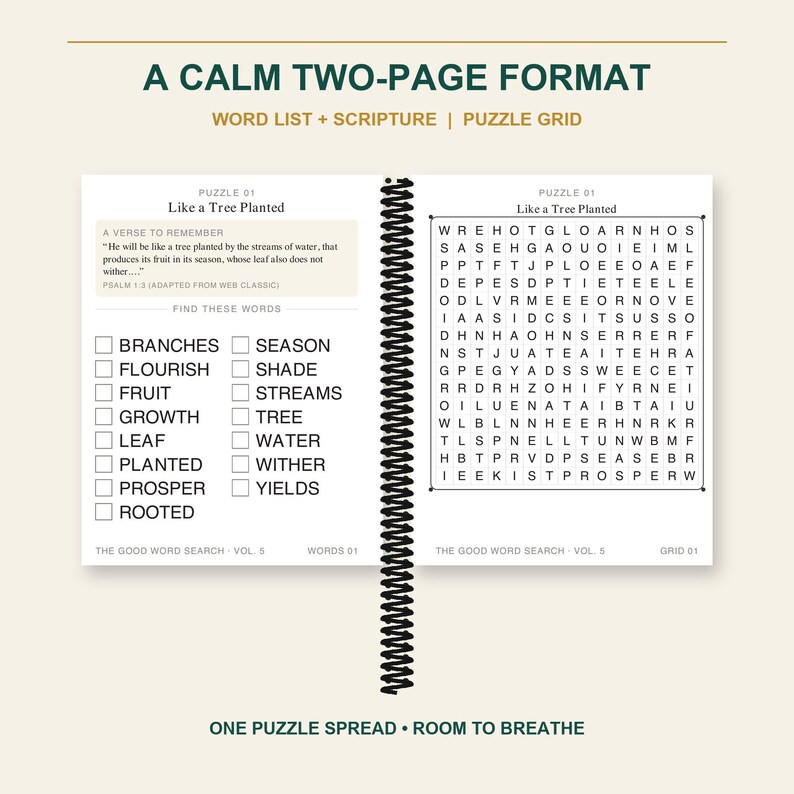 May include: A spiral-bound book open to a two-page spread titled A CALM TWO-PAGE FORMAT. The left page features a word search list and scripture titled Like a Tree Planted. The right page displays a letter grid puzzle titled Like a Tree Planted.
