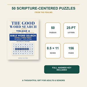 K&ouml;nnte beinhalten: Das Buchcover von The Good Word Search Volume 6 enth&auml;lt 50 schriftzentrierte R&auml;tsel aus den Psalmen. Das Buch misst 21,59 x 27,94 cm, umfasst 156 Seiten und verwendet 25-Punkt-Buchstaben f&uuml;r extra gro&szlig;e Schrift. Ein L&ouml;sungsschl&uuml;ssel ist enthalten.