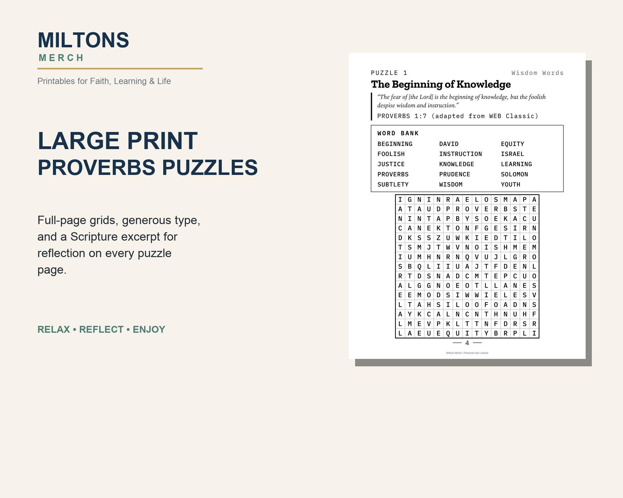 50 Large Print Proverbs Word Search Puzzles, Christian Bible Activity (PDF) preview 4