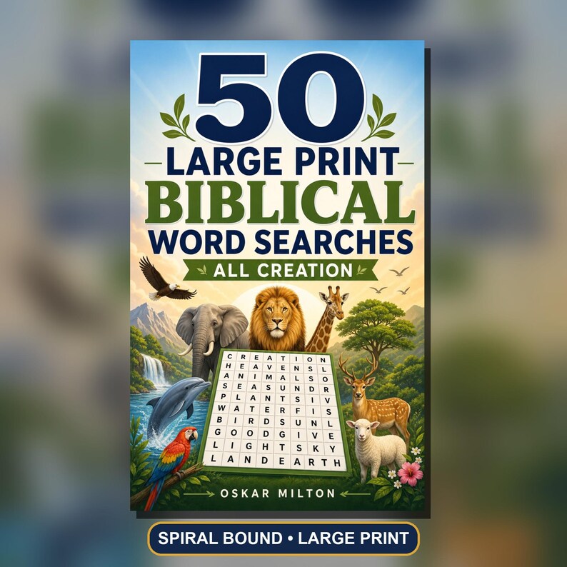 以下が含まれることがあります： オスカー・ミルトン著『50 Large Print Biblical Word Searches All Creation』というタイトルの本。表紙には、ワシ、ゾウ、ライオン、キリン、イルカ、オウム、シカ、ヒツジのイラストに囲まれたワードサーチのグリッドが描かれています。