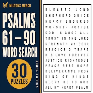 Op de afbeelding: Een woordzoekboekcover getiteld Psalms 61-90 Word Search Volume Three door Miltons Merch. De linkerkant is donkerblauw met gele tekst en een gele cirkel met de tekst 30 Puzzles. De rechterkant bevat een raster met religieuze woorden.
