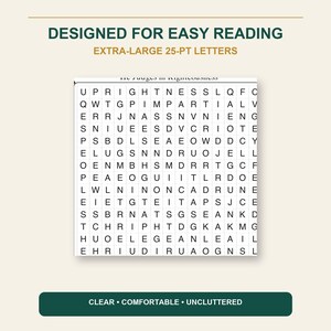 May include: A word search puzzle page with the title "DESIGNED FOR EASY READING" and "EXTRA-LARGE 25-PT LETTERS" in gold text. The grid contains black uppercase letters on a white background. A dark green bar at the bottom reads "CLEAR &bull; COMFORTABLE &bull; UNCLUTTERED".