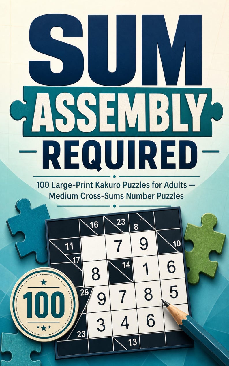May include: A book cover titled SUM ASSEMBLY REQUIRED featuring 100 Large-Print Kakuro Puzzles for Adults. The design includes blue and green puzzle pieces, a circular badge with the number 100, and a grid of Kakuro cross-sums with a pencil.