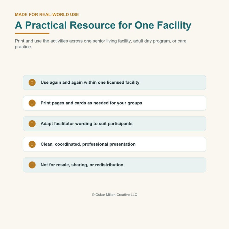 May include: An informational document titled A Practical Resource for One Facility, detailing usage terms for a senior living facility. It lists five bullet points regarding printing, adapting, and distributing content, ending with a copyright notice.