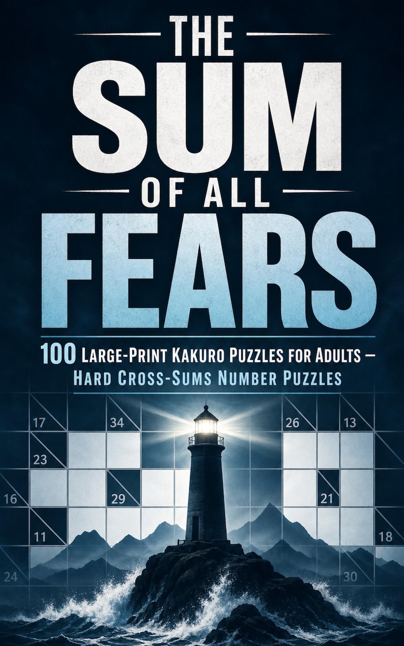 May include: A book cover titled The Sum of All Fears featuring 100 Large-Print Kakuro Puzzles for Adults and Hard Cross-Sums Number Puzzles. The design displays a lighthouse on a rocky shore with crashing waves and a grid of numbers.