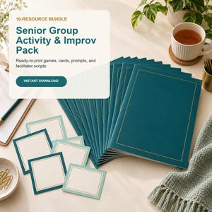 May include: A 10-resource bundle titled Senior Group Activity & Improv Pack featuring teal booklets with gold borders, matching square and rectangular cards with gold frames, and text indicating an instant download for ready-to-print materials.