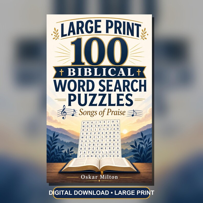 Puede incluir: Una portada de libro titulada Large Print 100 Biblical Word Search Puzzles Songs of Praise de Oskar Milton. La portada presenta un gr&aacute;fico de un libro abierto con una cuadr&iacute;cula de sopa de letras encima, sobre un paisaje de monta&ntilde;as al amanecer.