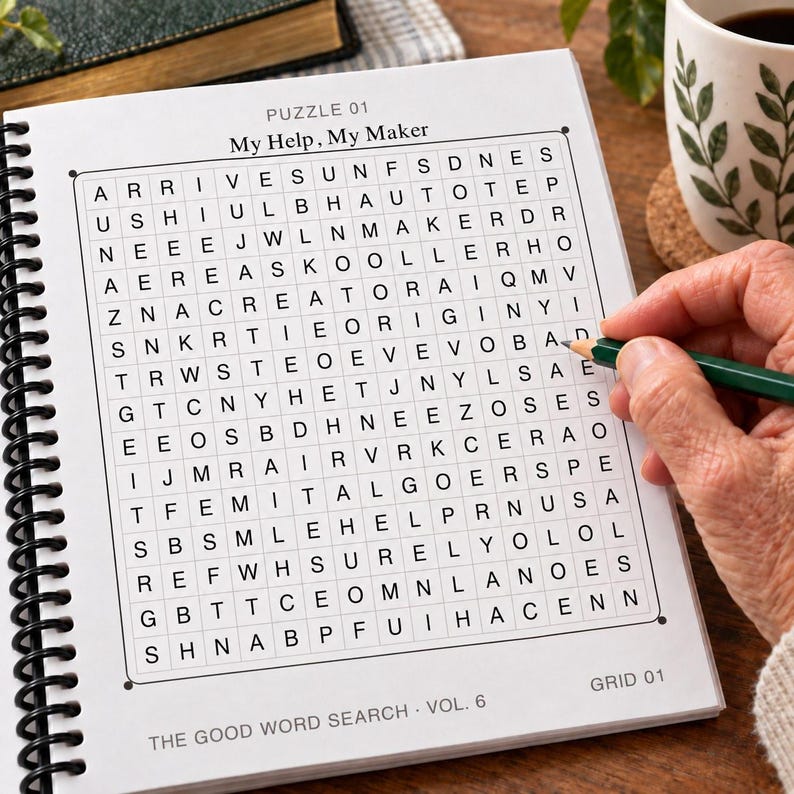 K&ouml;nnte beinhalten: Ein spiralgebundenes Wortsuchr&auml;tselbuch mit dem Titel The Good Word Search Vol. 6 und einem Gitter namens Puzzle 01 My Help, My Maker. Die wei&szlig;e Seite enth&auml;lt ein quadratisches Gitter aus schwarzen Gro&szlig;buchstaben mit einem dunkelgr&uuml;nen Stift.