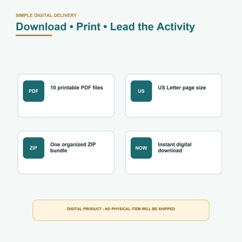 May include: A digital product information graphic with the text Simple Digital Delivery, Download &bull; Print &bull; Lead the Activity, 10 printable PDF files, US Letter page size, One organized ZIP bundle, Instant digital download, and Digital product - no physical item will be shipped.