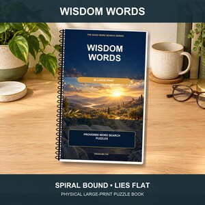 May include: A spiral-bound puzzle book titled Wisdom Words, The Good Word Search Series, featuring a landscape image of a sunset over hills. The cover text includes 50 Large-Print and Proverbs Word Search Puzzles by Oskar Milton. The book is white.