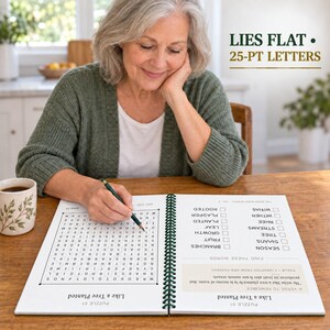 May include: A spiral-bound word search book titled Like a Tree Planted with 25-pt letters and a lay-flat design. The open page displays a grid of letters and a list of words to find, including branches, fruit, growth, leaf, planted, and rooted.