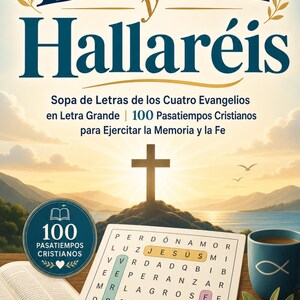 May include: A book cover titled Buscad y Hallar&eacute;is featuring a word search puzzle, an open book, and a blue mug with a fish symbol. The background shows a cross on a hill at sunset. Text includes Sopa de Letras de los Cuatro Evangelios, 100 Pasatiempos Cristianos, and Memoria, Fe, Palabra, Esperanza.