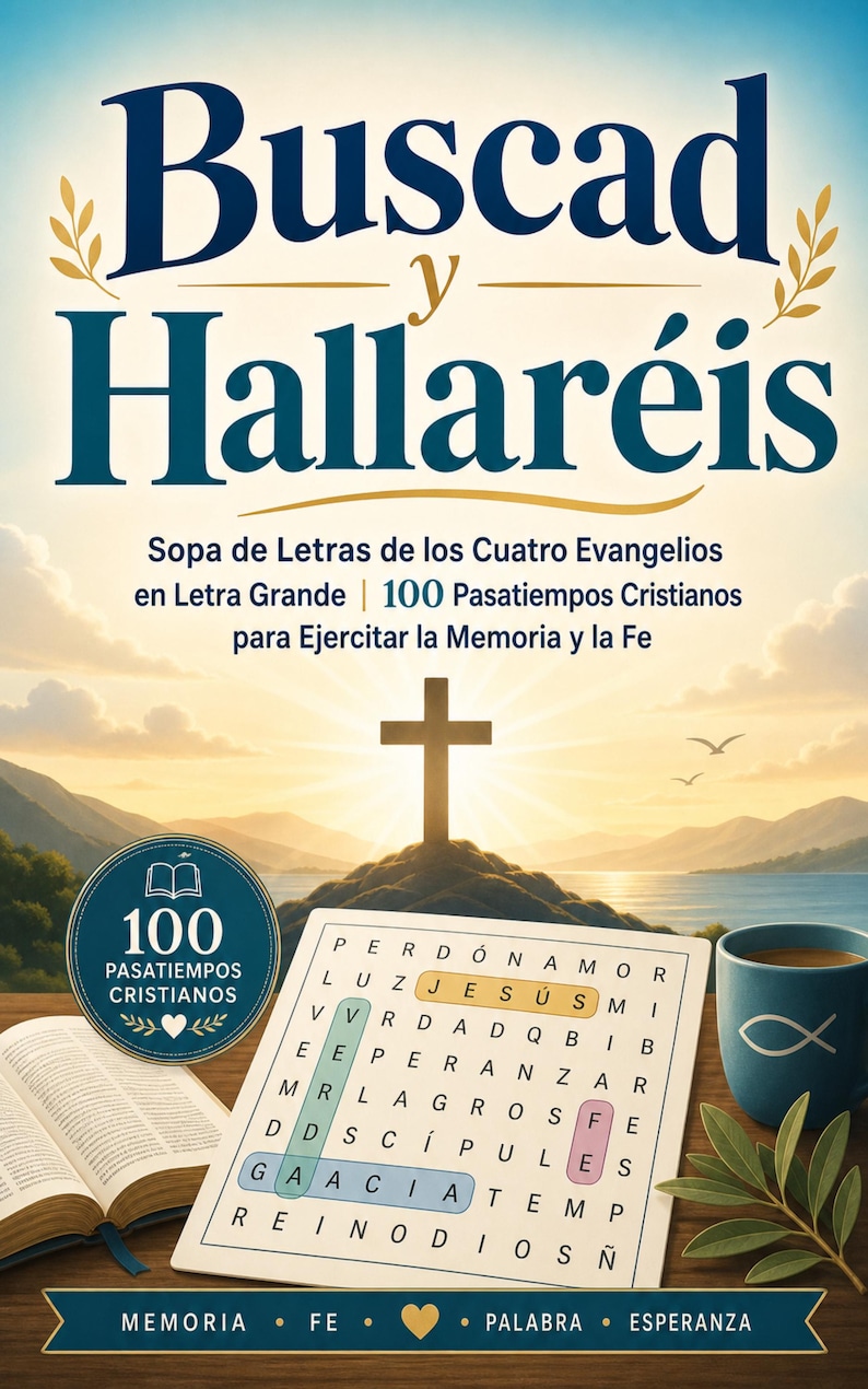 May include: A book cover titled Buscad y Hallar&eacute;is featuring a word search puzzle, an open book, and a blue mug with a fish symbol. The background shows a cross on a hill at sunset. Text includes Sopa de Letras de los Cuatro Evangelios, 100 Pasatiempos Cristianos, and Memoria, Fe, Palabra, Esperanza.