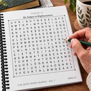 May include: A spiral-bound word search book titled The Good Word Search Vol. 7, open to Puzzle 01 titled He Judges in Righteousness. The page features a square grid of letters for a word search game, with Grid 01 printed in the bottom right corner.