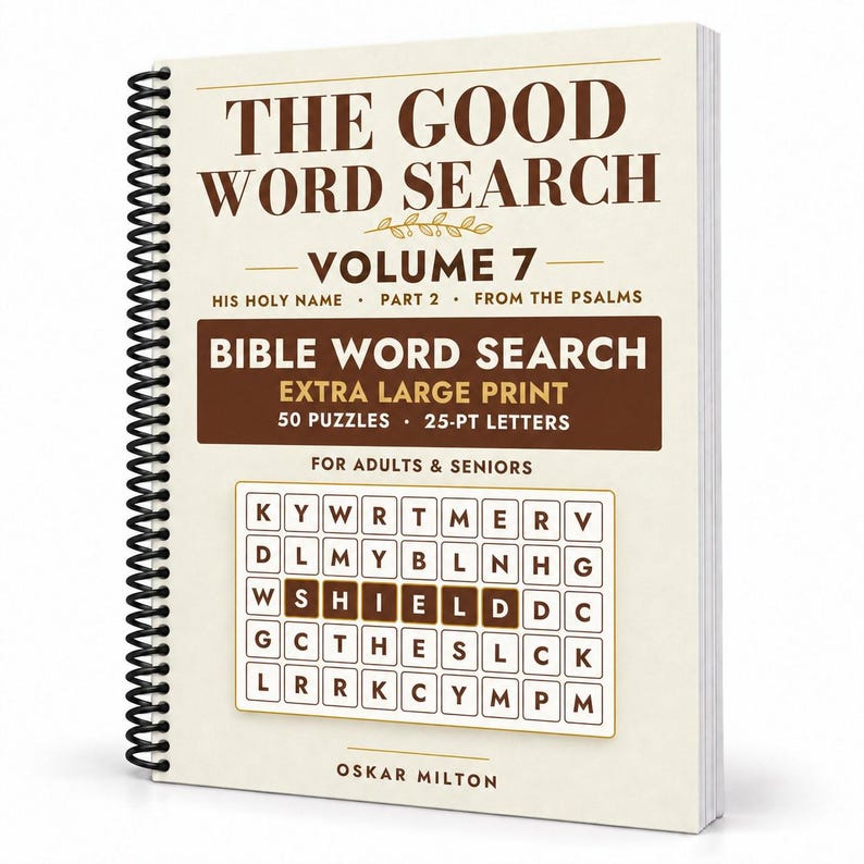 May include: A spiral-bound book titled The Good Word Search Volume 7, His Holy Name, Part 2, From The Psalms. The cover features brown text on a cream background, indicating Bible Word Search, extra large print, 50 puzzles, and 25-pt letters.