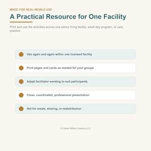 May include: An informational document titled A Practical Resource for One Facility, detailing usage terms for a senior living facility. It lists five bullet points regarding printing, adapting, and distributing content, ending with a copyright notice.