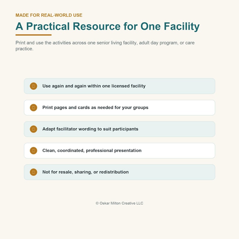 May include: An informational document titled A Practical Resource for One Facility, detailing usage terms for a senior living facility. It lists five bullet points regarding printing, adapting, and distributing content, ending with a copyright notice.
