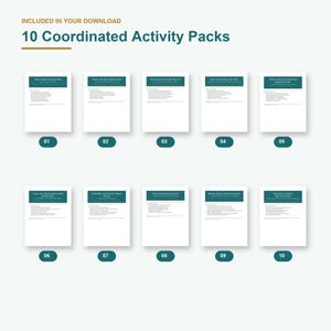 K&ouml;nnte beinhalten: Eine digitale Sammlung mit dem Titel 10 Coordinated Activity Packs, bestehend aus zehn einzelnen Dokumentenseiten in zwei Reihen. Jede Seite ist von 01 bis 10 nummeriert und enth&auml;lt eine dunkel-t&uuml;rkise Kopfzeile mit wei&szlig;em Text.