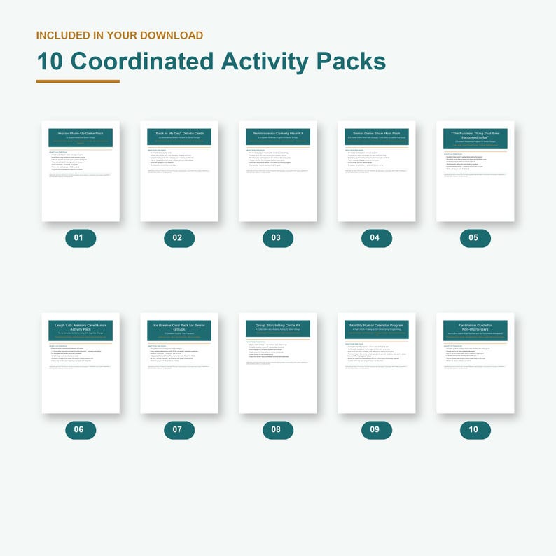 K&ouml;nnte beinhalten: Eine digitale Sammlung mit dem Titel 10 Coordinated Activity Packs, bestehend aus zehn einzelnen Dokumentenseiten in zwei Reihen. Jede Seite ist von 01 bis 10 nummeriert und enth&auml;lt eine dunkel-t&uuml;rkise Kopfzeile mit wei&szlig;em Text.