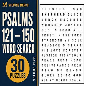 Puede incluir: Una portada de libro cuadrada titulada Psalms 121-150 Word Search Volume Five de Miltons Merch. El lado izquierdo es azul oscuro con texto grande en crema y un círculo amarillo que indica 30 Puzzles. El lado derecho es una cuadrícula blanca.
