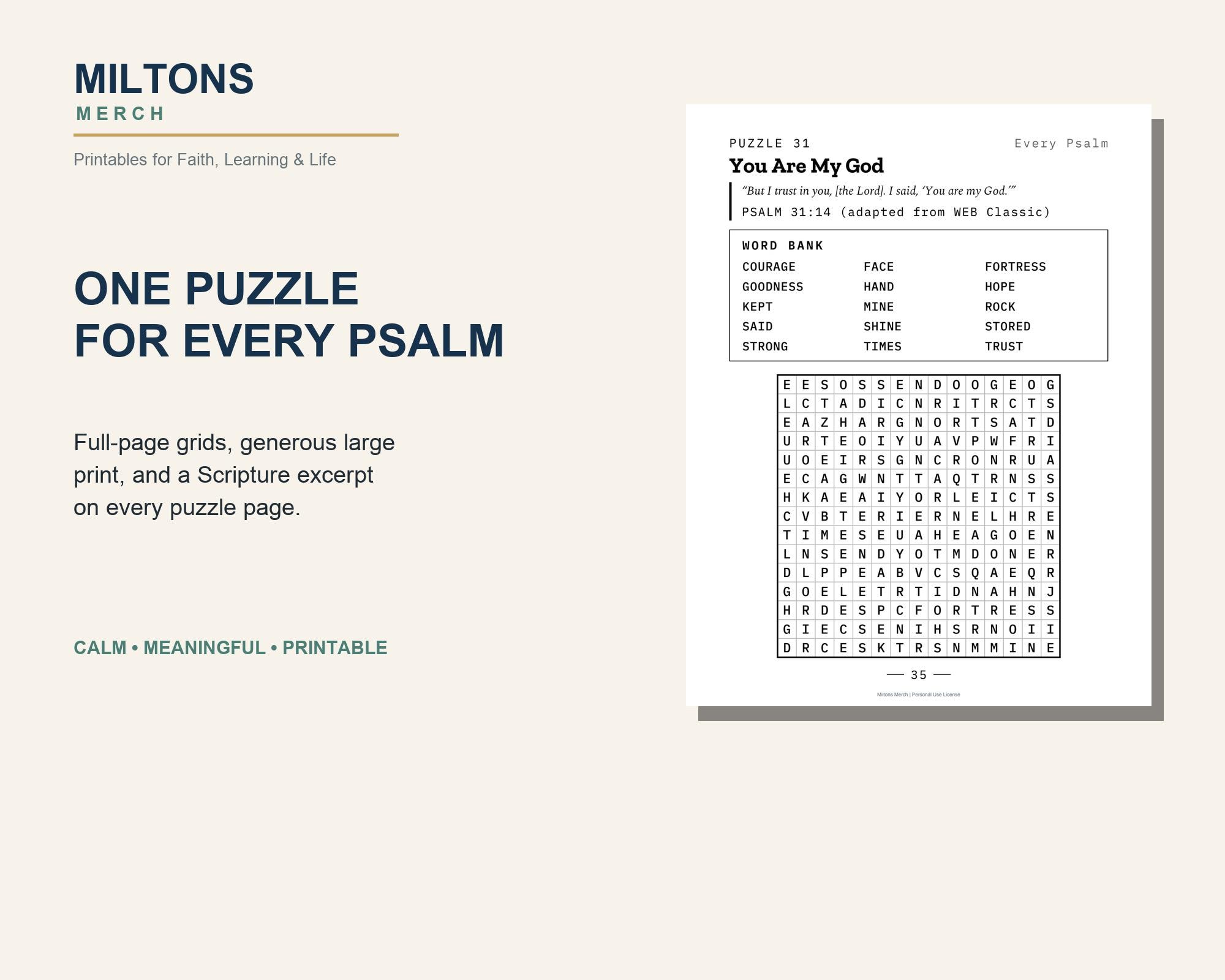 Psalms 31-60 Word Search Printables, Large Print Christian Puzzles (PDF) preview 4