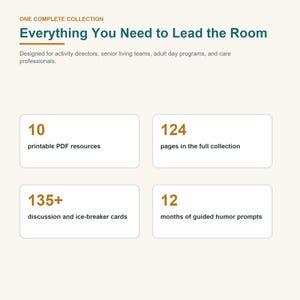 K&ouml;nnte beinhalten: Eine digitale Infografik mit dem Titel One Complete Collection Everything You Need to Lead the Room. Sie listet 10 druckbare PDF-Ressourcen, 124 Seiten in der Gesamtsammlung, 135+ Diskussions- und Eisbrecherkarten sowie 12 Monate gef&uuml;hrte Humor-Prompts.