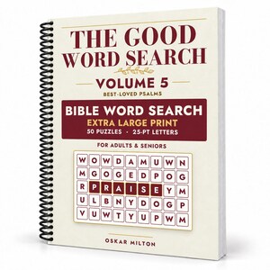 May include: A spiral-bound book titled The Good Word Search Volume 5 Best-Loved Psalms. The cover is cream with maroon text, featuring the words Bible Word Search, Extra Large Print, 50 Puzzles, 25-pt Letters, and a grid with the word Praise.