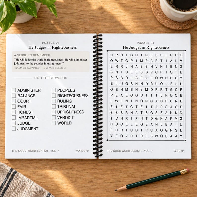 May include: A spiral-bound word search book open to Puzzle 01 titled He Judges in Righteousness. The left page lists words to find and a verse from Psalm 9:8. The right page features a grid of letters. A pencil lies on the surface below the book.