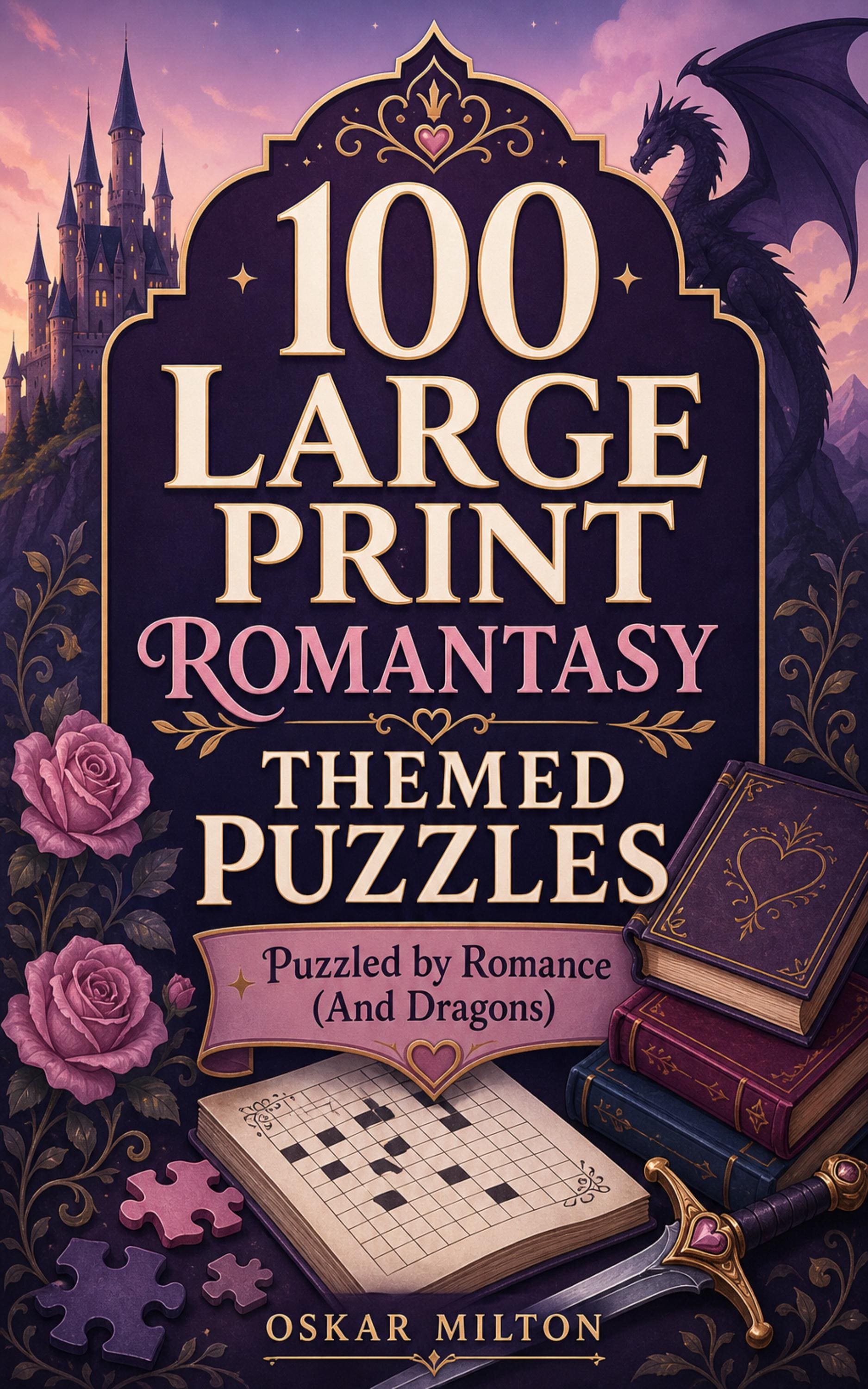 100 Large Print Romantasy Puzzles, Dragon Romance Word Search (PDF) cover