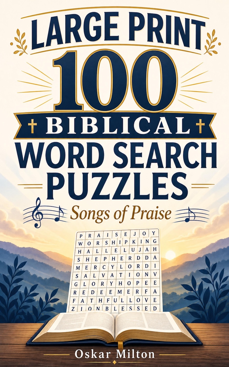 Puede incluir: Una portada de libro titulada Large Print 100 Biblical Word Search Puzzles Songs of Praise de Oskar Milton. La portada presenta texto azul oscuro sobre un fondo crema, una cuadr&iacute;cula de sopa de letras, notas musicales y un libro abierto.