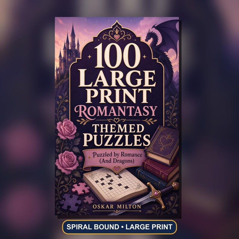 100 Large Print Romantasy Puzzles, Dragon Romance Word Search (Spiral Bound Book) Bild 1