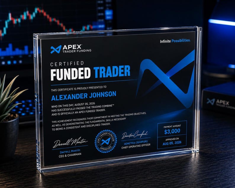 May include: A rectangular clear acrylic plaque featuring a black and blue certificate for Apex Trader Funding. The text reads Certified Funded Trader, Alexander Johnson, August 05, 2026, and includes signatures, a circular seal, and a payment amount of $3,000.