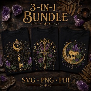 Celestial SVG Bundle - Skeleton Key PNG, Gothic Dagger Cut File, Amethyst Skull Clipart, Witchy Shirt Design Cricut Pack