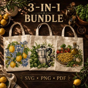 May include: A 3-in-1 bundle of three off-white canvas tote bags featuring printed illustrations. The first bag displays lemons and blue tiles, the second a moka pot with basil and olives, and the third a bowl of farfalle pasta with tomatoes and oil.