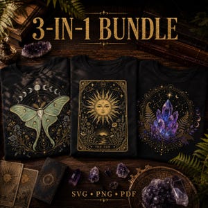 May include: A 3-in-1 bundle of three black t-shirts featuring gold and colored graphic prints. The first shirt displays a green moth, the second a sun tarot card with the text THE SUN, and the third a cluster of purple crystals with zodiac symbols.