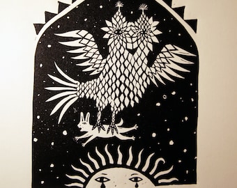 Owl Linocut Print, Owl Hare and Sun Lino Print, Rabbit Memorial