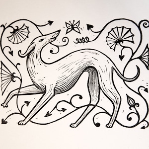 May include: Black and white illustration of a stylized greyhound dog running through a floral design. The dog is surrounded by stylized flowers, leaves, and vines.
