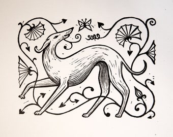 Greyhound Linocut Print, Whippet, Art Nouveau Art Print, Dog Butterfly, Saluki, Italian Greyhound
