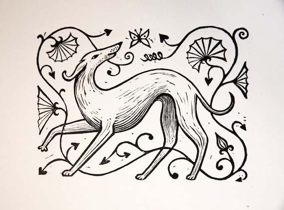 Greyhound Linocut Print, Whippet, Art Nouveau Art Print, Dog Butterfly, Saluki, Italian Greyhound