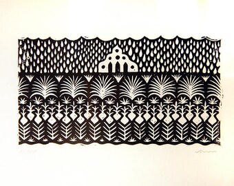 Garden Linocut Print, Farm House Lino, Country Farmhouse Cottage print, Growing Vegetables, Permaculture