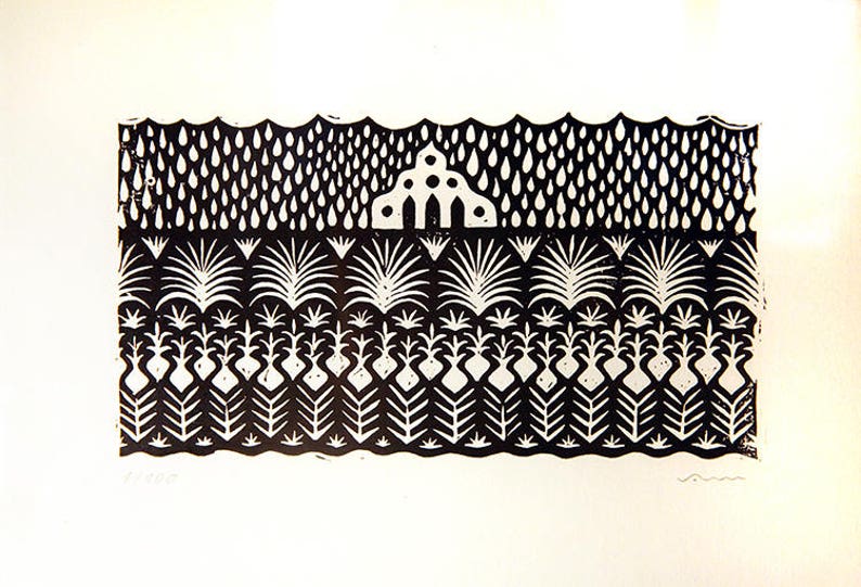 May include: Black and white linocut print featuring a stylized design of a house with a pointed roof and a row of trees. The print has a repeating pattern of raindrops and geometric shapes.