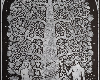 Linocut Print, Adam and Eve
