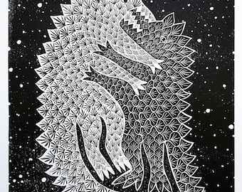 Linocut print Dragon Fight, celestial art