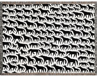 Woven Blanket, Horses Blanket, Black And White Throw Blanket