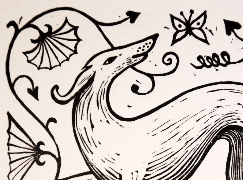 May include: Black and white line art illustration of a stylized dog with a butterfly and floral designs in the background.