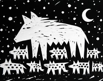 Boar Family Linocut Print, Mother and baby's, woodland nursery Wall Art