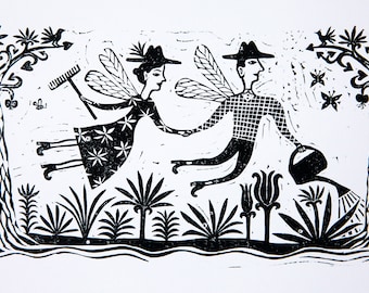 Garden Linocut Print, Farm, Couple in Orchard, Fairy, Flower Garden, Naive Folk Art, Grandmother and Grandfather Gardening