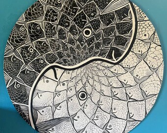 Fish yin yang painting, acrylic on round veneer