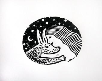 Hare and Girl, Rabbit Lino, Miniature, Linocut Print, Oval Art Print, Bunny print